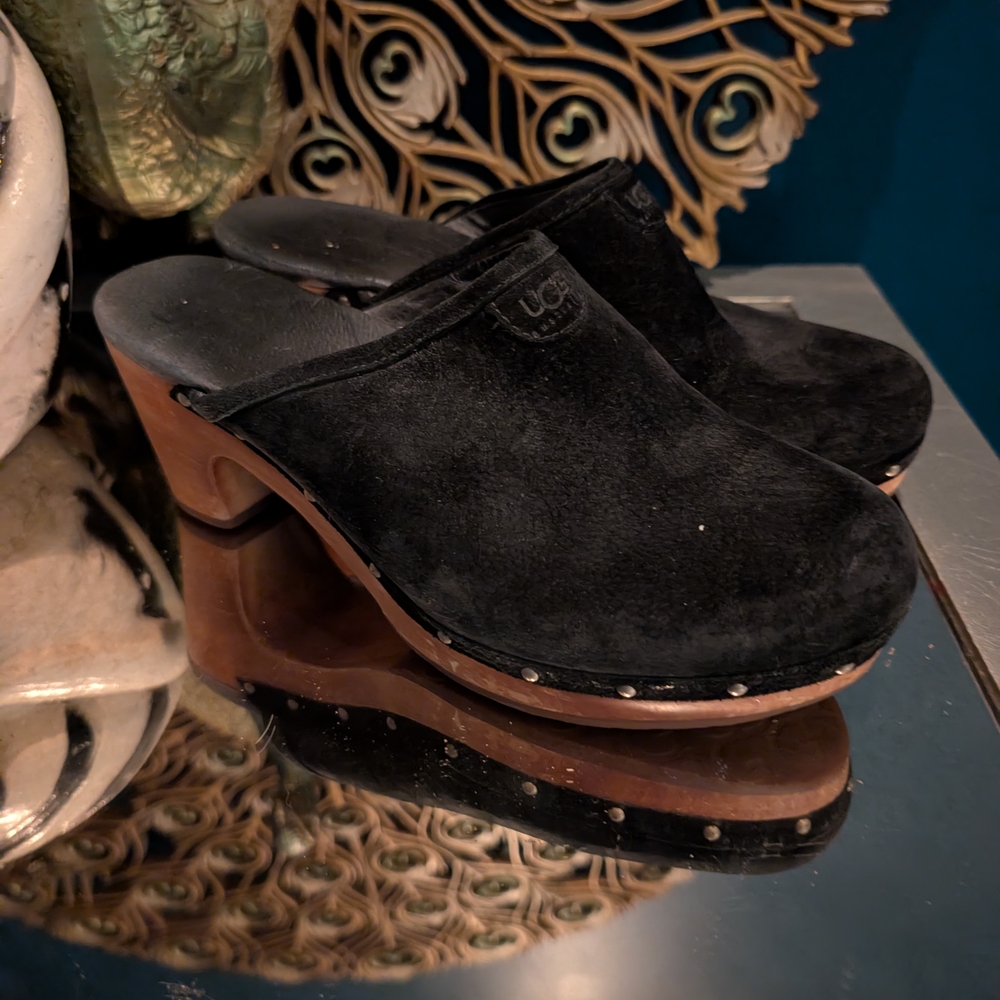 Glamorous UGG Black Mules with Brown Platform Sole